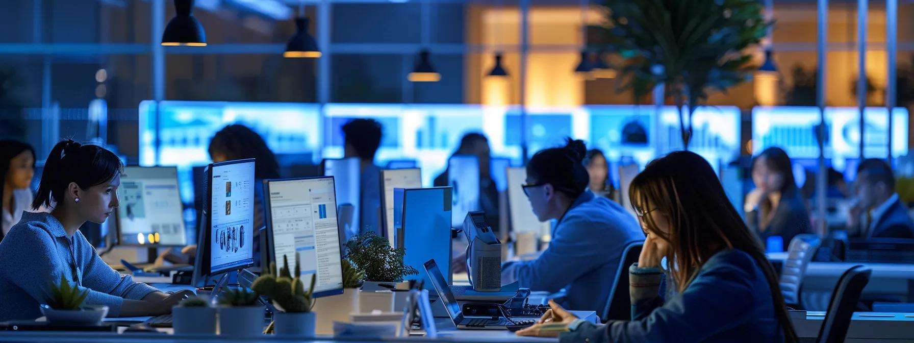 Dynamic office environment with employees engaged in training and collaboration at computer workstations, emphasizing blended learning and performance-based training in contact centers.