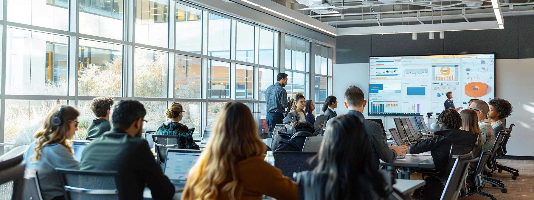 Training workshop for contact center agents, featuring a diverse group of participants engaged in a session with a presentation on CRM software and communication techniques.