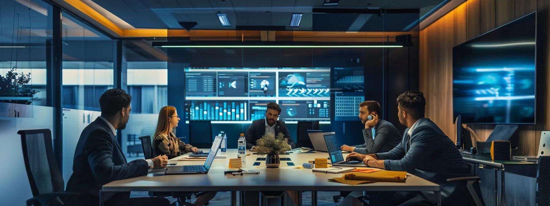 Modern office meeting with six professionals discussing sales strategy optimization, featuring digital displays with analytics data and collaborative work environment.