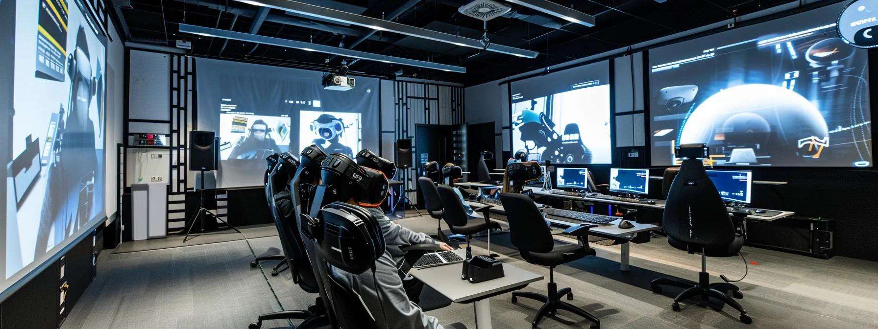 Modern training room with VR headsets, computers, and interactive displays, illustrating innovative training techniques for call center agents.