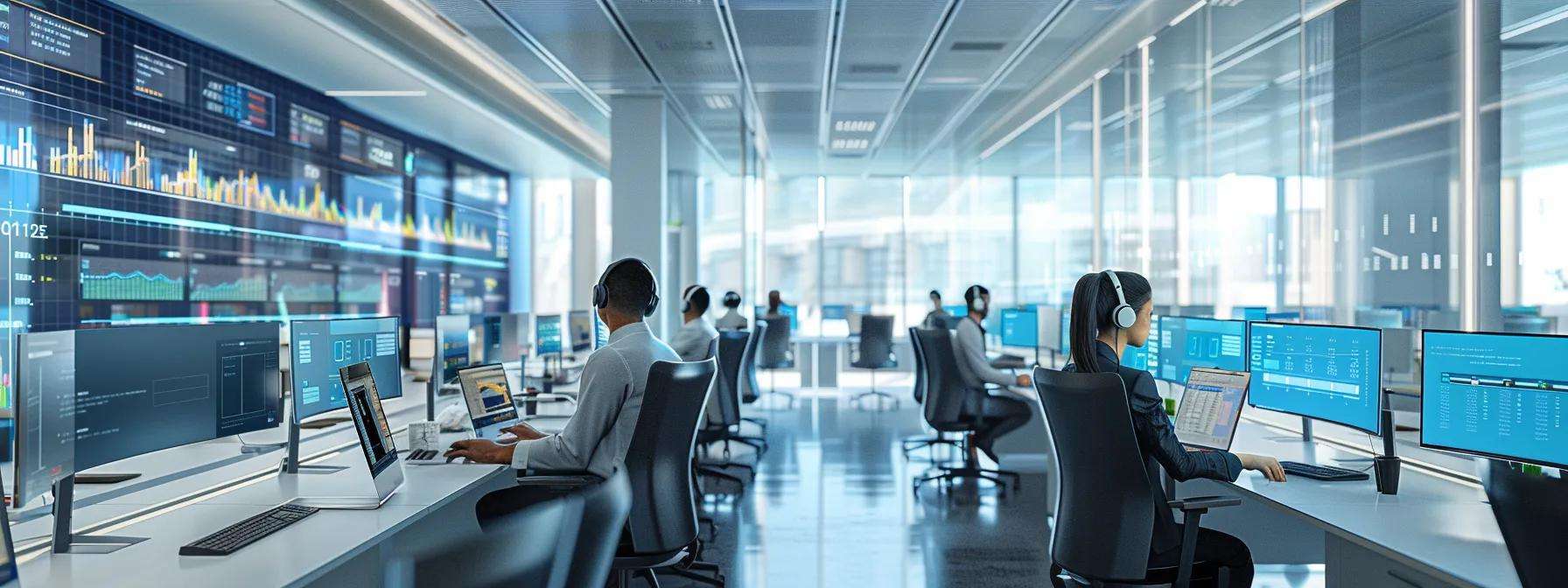Modern contact center office with agents using multiple screens and headsets, showcasing advanced technology and data analytics for enhanced customer service and omnichannel engagement.
