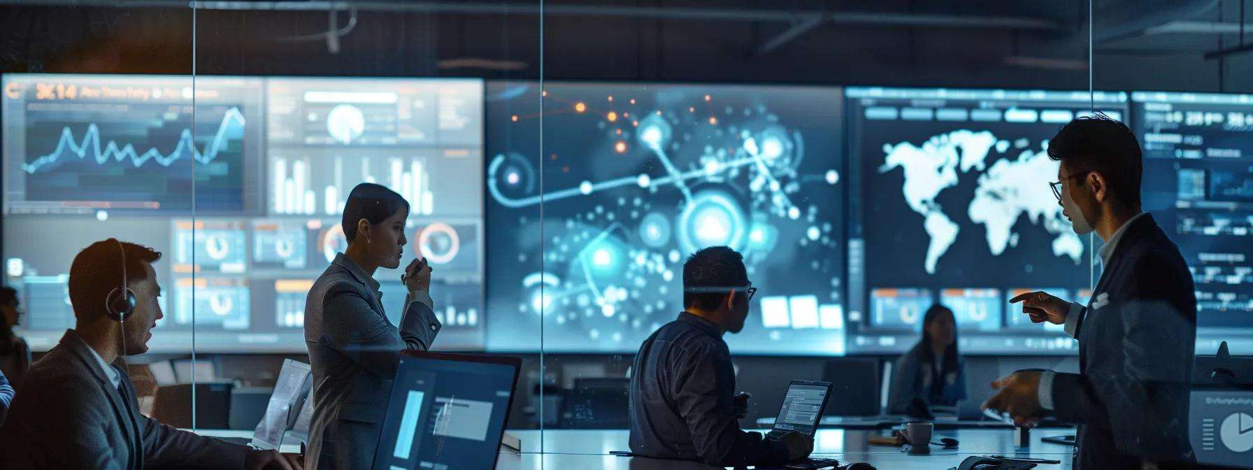 Modern contact center team collaborating in a sleek office environment, analyzing data on multiple screens displaying graphs, maps, and communication analytics.