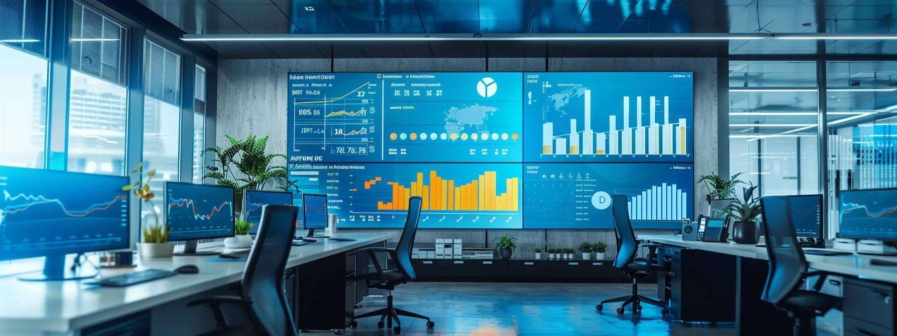 Sleek modern office with large digital dashboards displaying real-time analytics, including lead conversion rates and engagement metrics, highlighting data-driven lead generation strategies for SaaS companies in 2025.