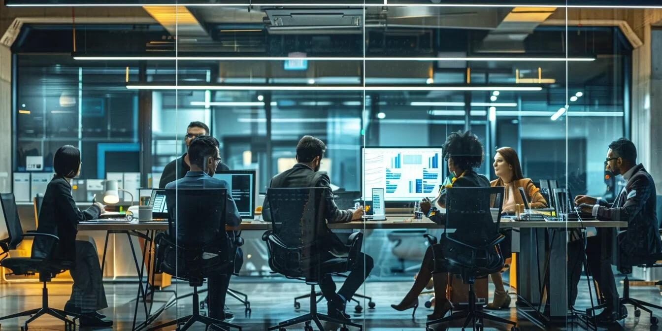 a sleek, modern office filled with diverse professionals engaged around a digital display showcasing innovative lead generation strategies, illuminated by dynamic lighting that emphasizes a collaborative and forward-thinking atmosphere.