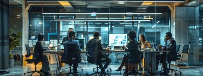 a sleek, modern office filled with diverse professionals engaged around a digital display showcasing innovative lead generation strategies, illuminated by dynamic lighting that emphasizes a collaborative and forward-thinking atmosphere.