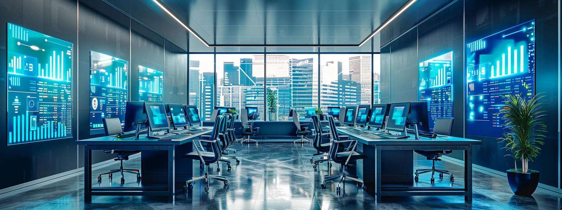 Sleek modern office space with multiple computer workstations, digital data displays, and city skyline view, emphasizing high-tech environment for B2B SaaS lead generation strategies.