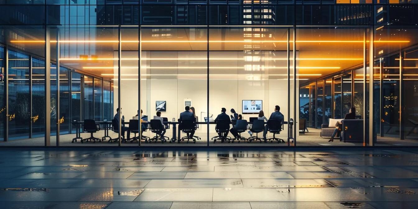a sleek, modern office with large glass windows showcasing a dynamic team engaged in strategic discussions around a polished conference table, illuminated by bright, overhead lighting that enhances the energetic atmosphere of collaboration.