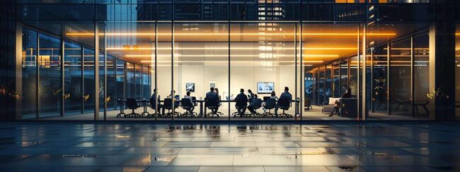 a sleek, modern office with large glass windows showcasing a dynamic team engaged in strategic discussions around a polished conference table, illuminated by bright, overhead lighting that enhances the energetic atmosphere of collaboration.