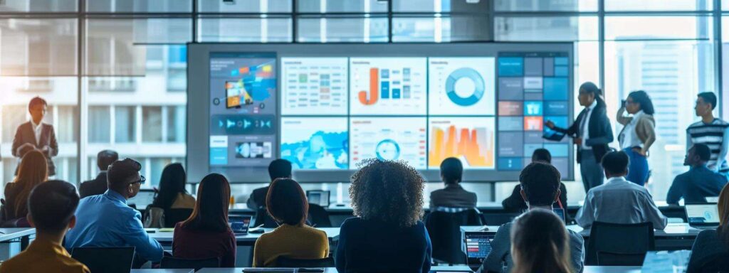 a sleek, modern training room filled with diverse professionals actively engaging in a dynamic group discussion, surrounded by interactive tech displays and a large screen showcasing vibrant training materials.