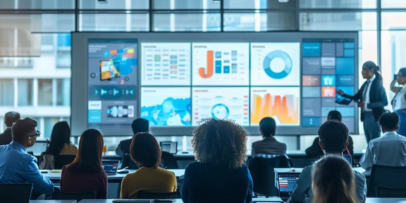 a sleek, modern training room filled with diverse professionals actively engaging in a dynamic group discussion, surrounded by interactive tech displays and a large screen showcasing vibrant training materials.