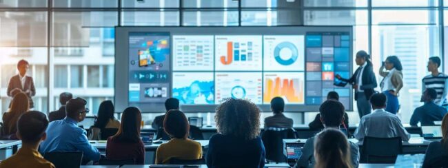 a sleek, modern training room filled with diverse professionals actively engaging in a dynamic group discussion, surrounded by interactive tech displays and a large screen showcasing vibrant training materials.