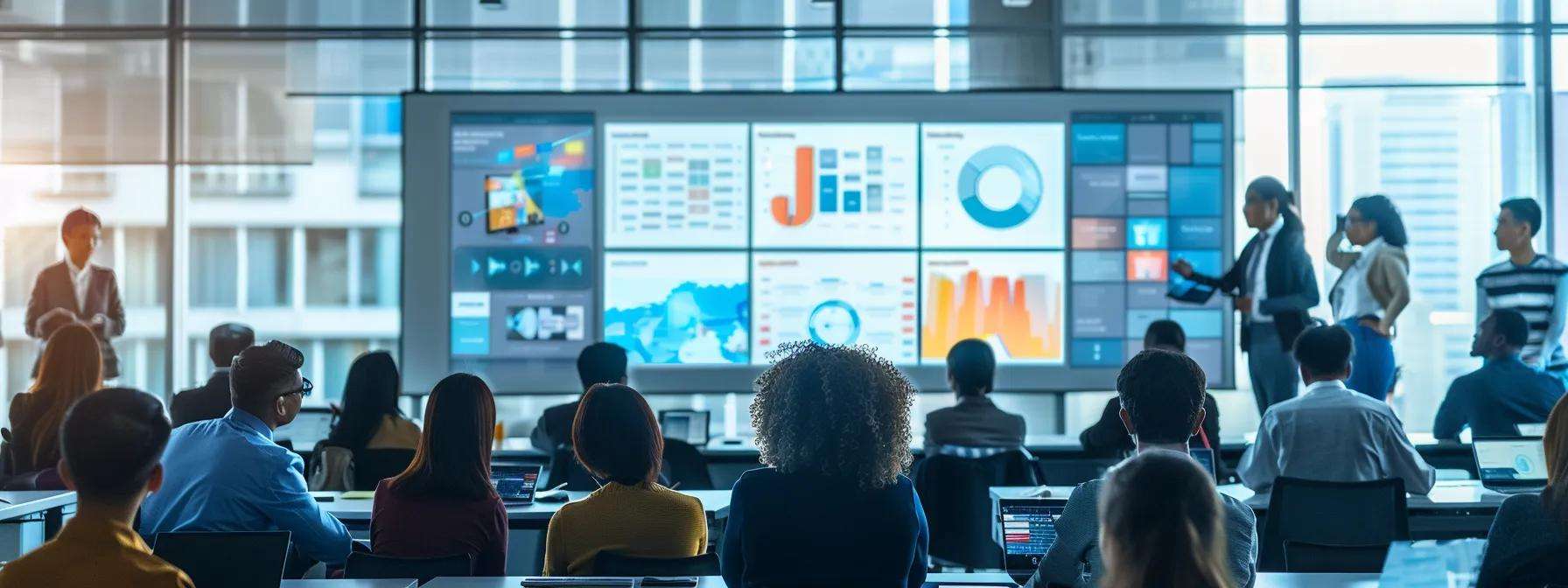 a sleek, modern training room filled with diverse professionals actively engaging in a dynamic group discussion, surrounded by interactive tech displays and a large screen showcasing vibrant training materials.