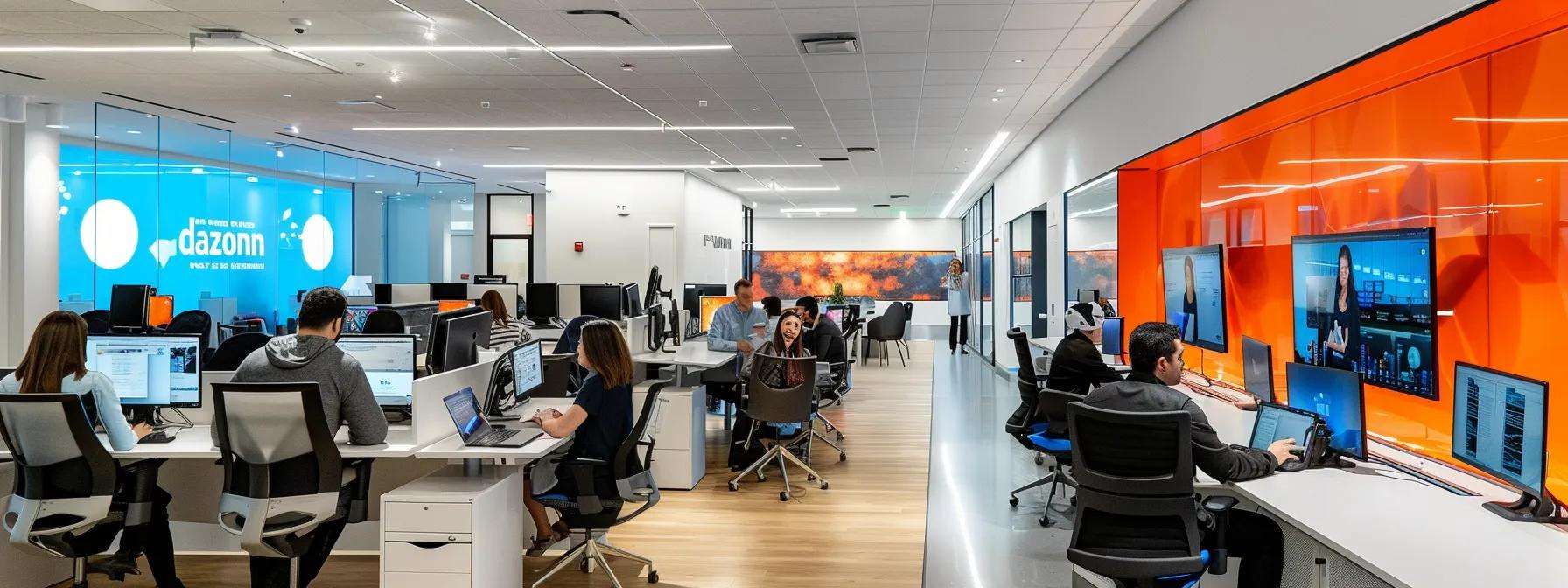 Modern office environment at Dazonn Assist with employees engaged in solar lead generation activities, featuring multiple computer workstations, vibrant branding, and collaborative workspace.