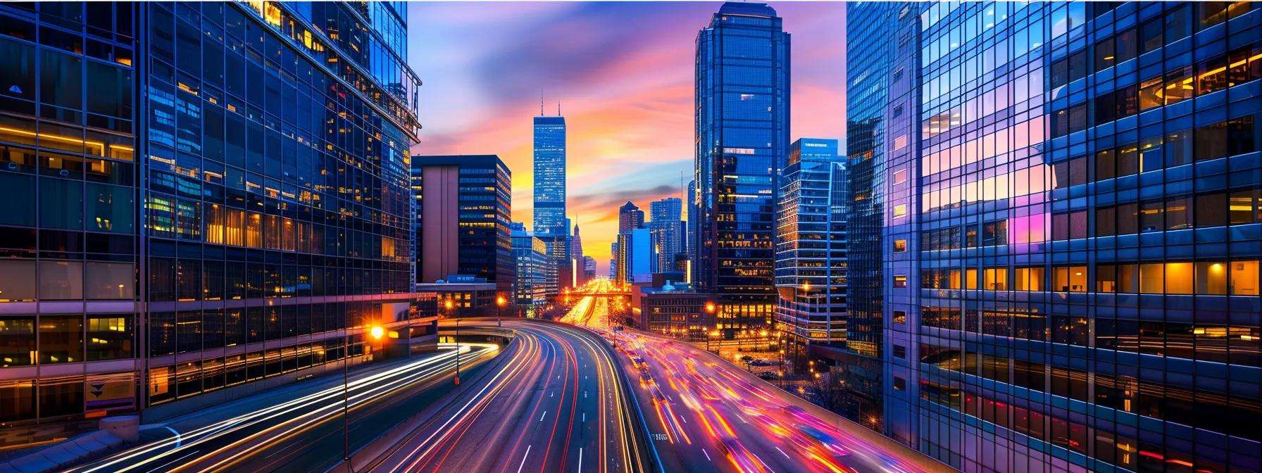 Vibrant urban skyline at sunset with illuminated skyscrapers and busy highway, symbolizing modern business growth and connectivity in call center services.