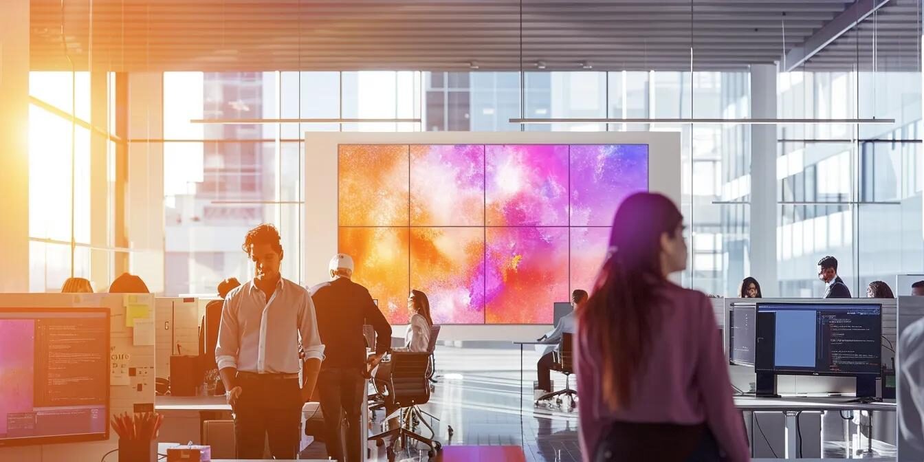 a bustling modern office environment, showcasing diverse professionals engaged in dynamic customer service interactions through advanced technology, with bright screens and digital tools enhancing efficiency and collaboration.