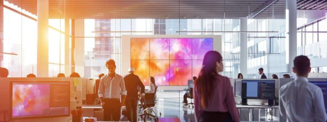 a bustling modern office environment, showcasing diverse professionals engaged in dynamic customer service interactions through advanced technology, with bright screens and digital tools enhancing efficiency and collaboration.