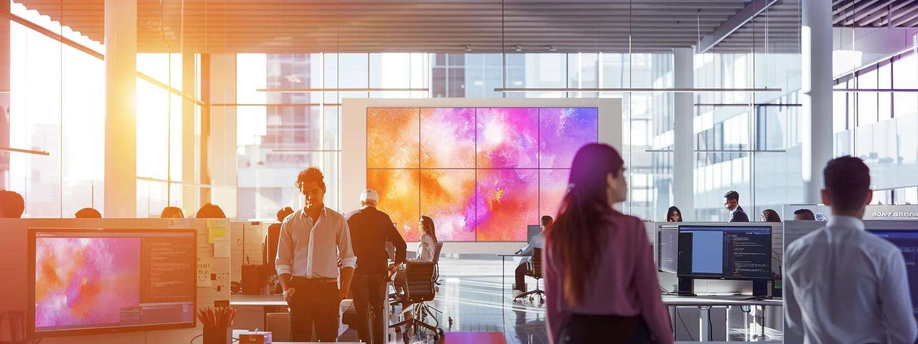 a bustling modern office environment, showcasing diverse professionals engaged in dynamic customer service interactions through advanced technology, with bright screens and digital tools enhancing efficiency and collaboration.