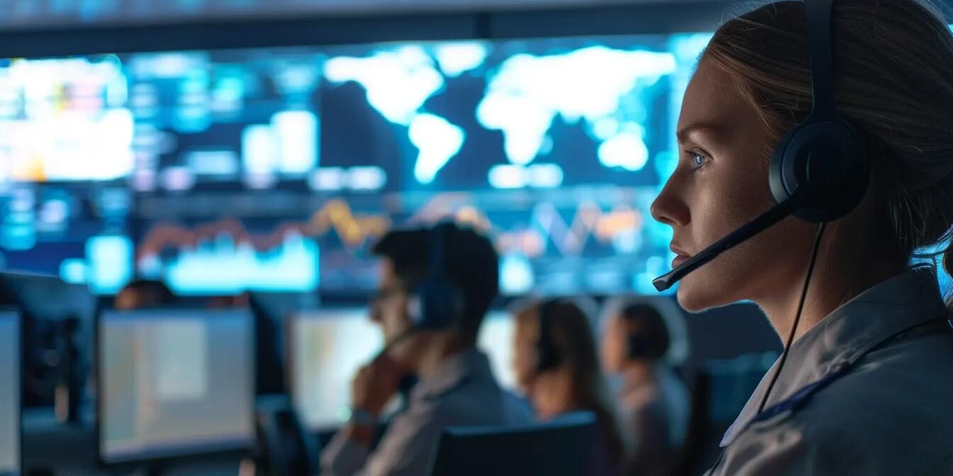 a dynamic call center environment featuring engaged agents conversing with customers through headsets, surrounded by large screens displaying real-time data and performance metrics, highlighting a commitment to customer satisfaction.