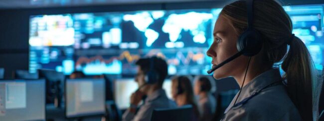 a dynamic call center environment featuring engaged agents conversing with customers through headsets, surrounded by large screens displaying real-time data and performance metrics, highlighting a commitment to customer satisfaction.