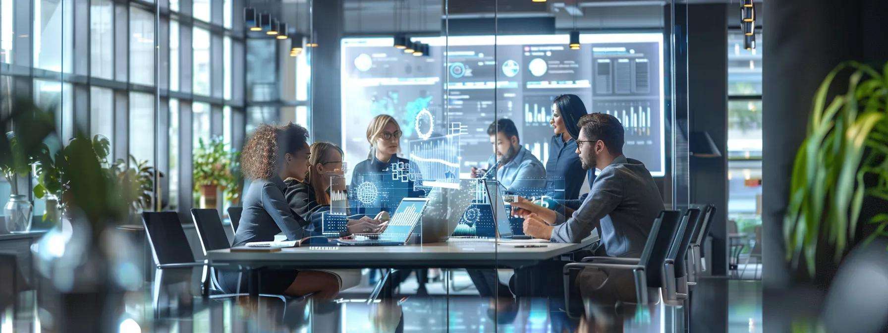 Modern office meeting with diverse team analyzing data on customizable dashboards, showcasing real-time KPIs and engagement metrics for lead generation strategies.