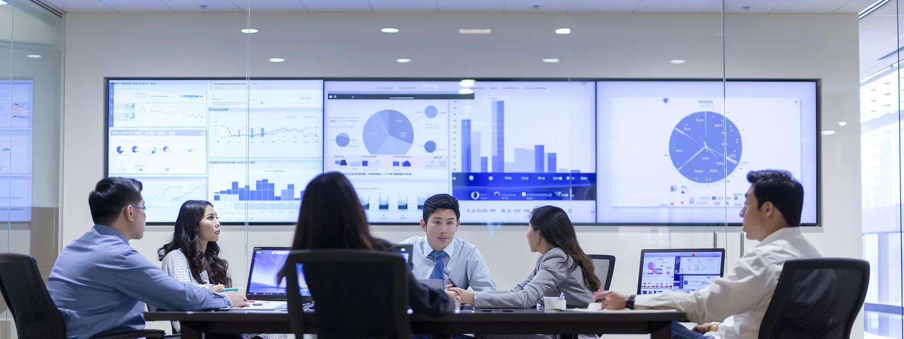 Group of professionals in a modern office conference room discussing data analytics, with multiple screens displaying graphs and charts, reflecting telemarketing strategies and CRM integration for sales growth.