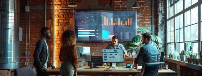 a dynamic urban office setting showcases a diverse team engaged in an energetic telemarketing strategy session, surrounded by high-tech equipment and vibrant charts highlighting sales growth potential.