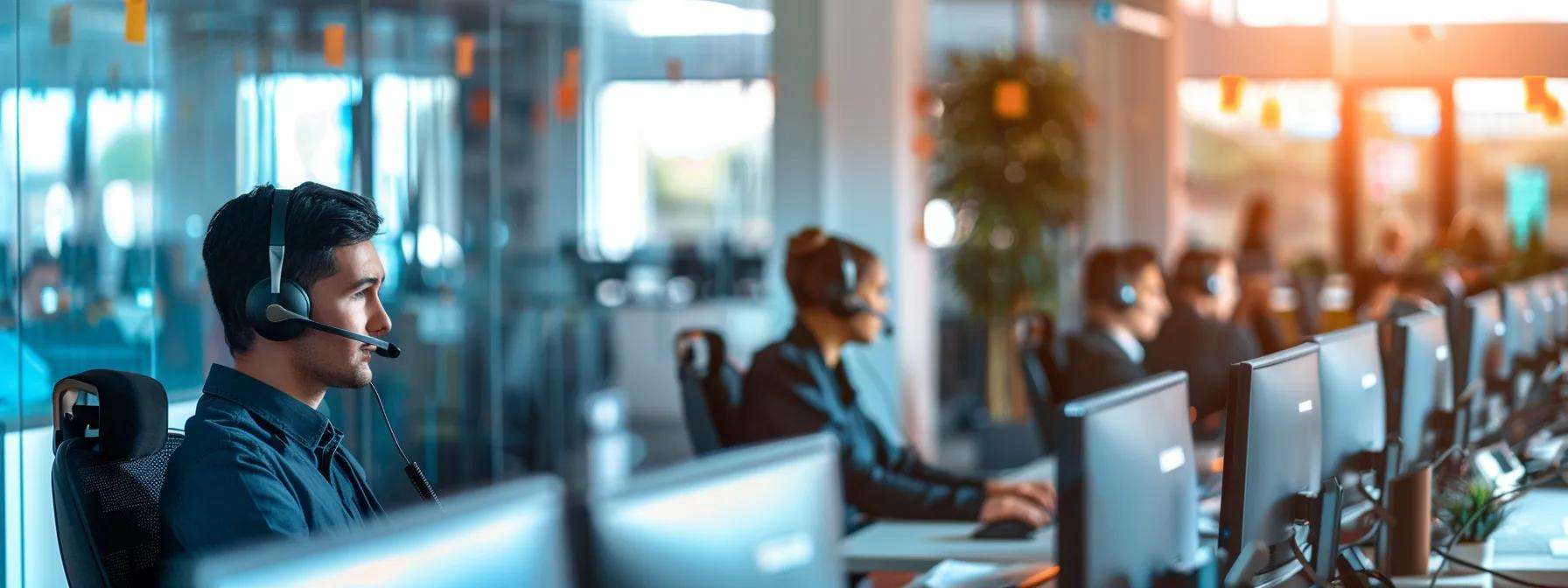 Call center agents wearing headsets in a modern office environment, focused on enhancing customer satisfaction and CSAT metrics.