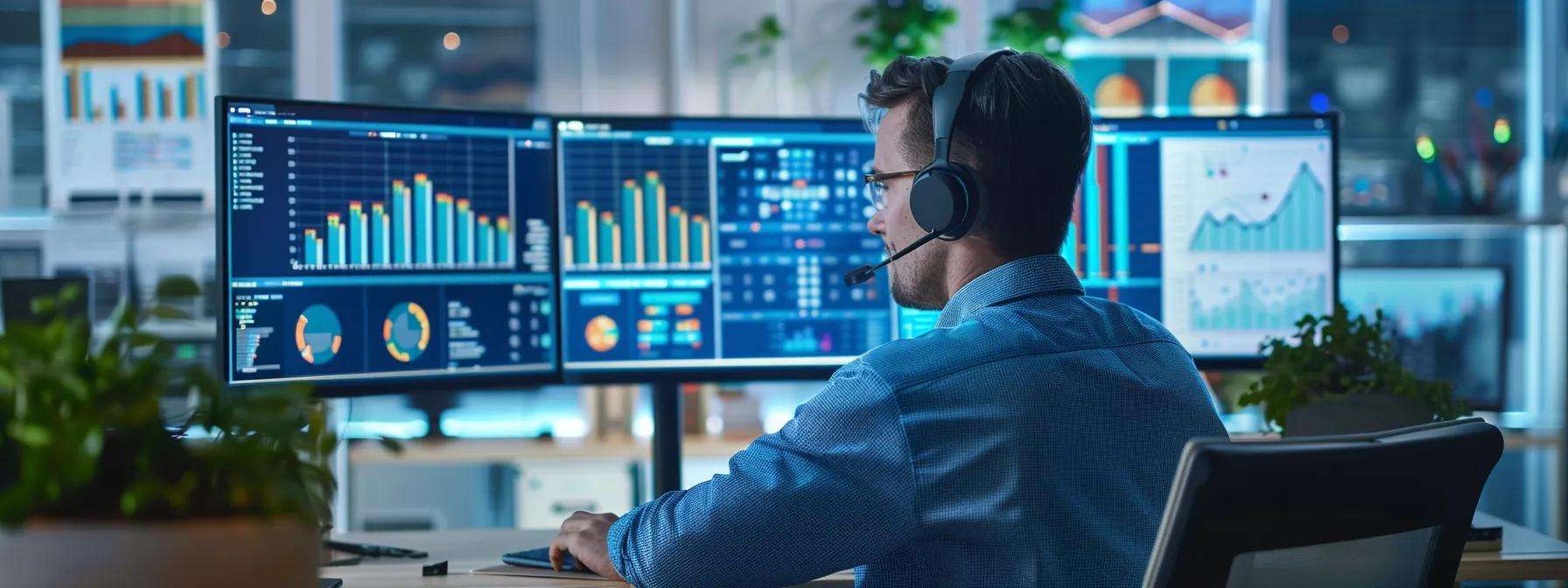 Focused telemarketer using multiple monitors displaying data analytics and graphs, highlighting CRM integration and sales performance strategies.