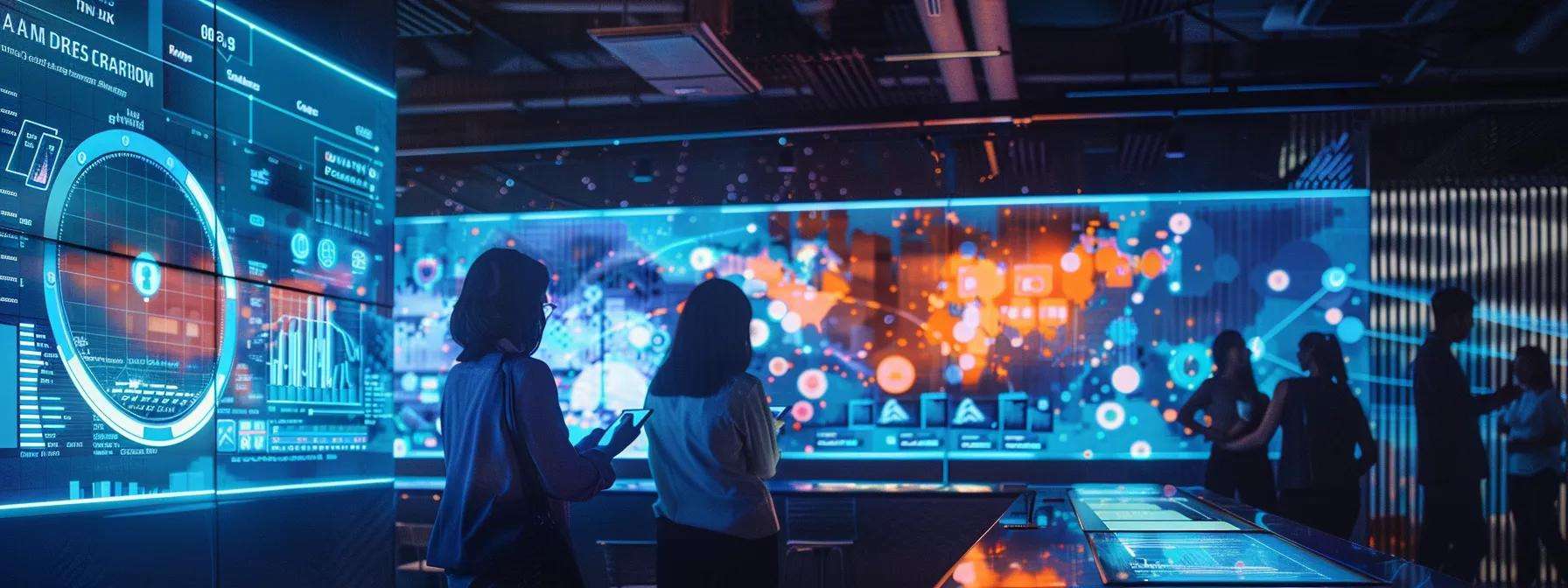 Futuristic office setting with diverse professionals engaging with interactive digital displays showcasing data analytics and marketing automation insights.