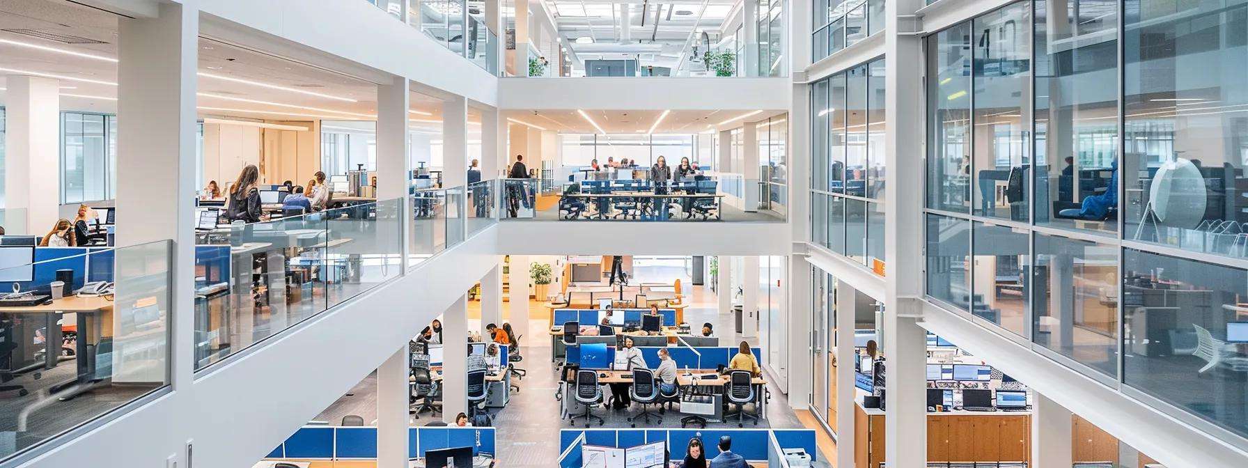 Modern office environment with multiple workstations, employees engaged in tasks, open layout promoting collaboration, reflecting efficiency in business process outsourcing and customer service operations.