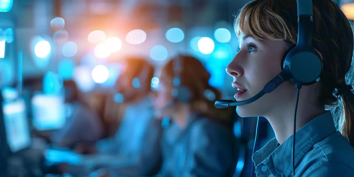a modern call center bustling with diverse agents engaging in dynamic conversations over headsets, illuminated by bright overhead lights, showcasing vibrant technology and communication tools that symbolize transformation through outsourcing.