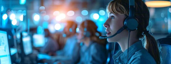 a modern call center bustling with diverse agents engaging in dynamic conversations over headsets, illuminated by bright overhead lights, showcasing vibrant technology and communication tools that symbolize transformation through outsourcing.