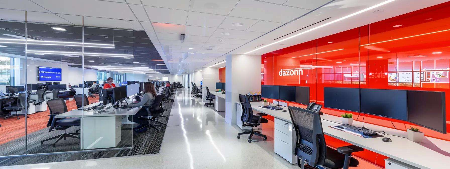 Modern Dazonn Assist call center with multiple workstations, large monitors, and a vibrant red accent wall, reflecting a professional environment for solar lead generation.