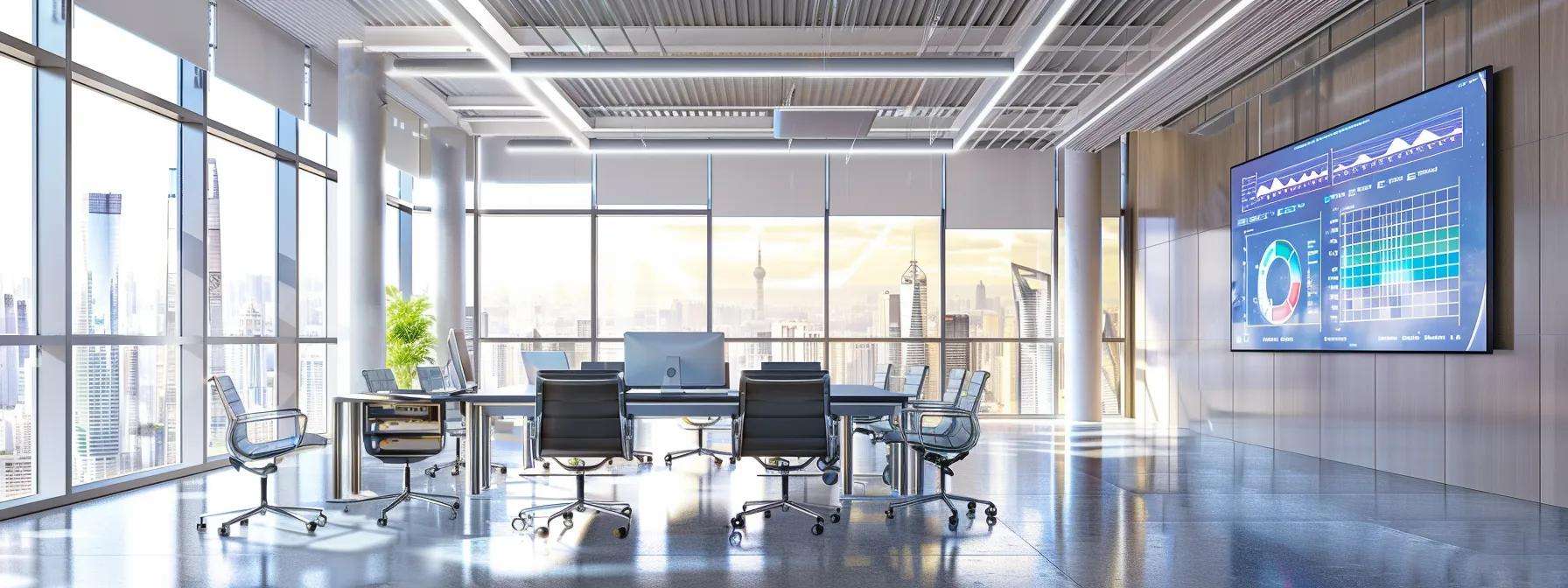 Modern office environment with a conference table, ergonomic chairs, large windows showcasing a city skyline, and a digital display showing performance metrics, reflecting business process outsourcing and customer service efficiency.
