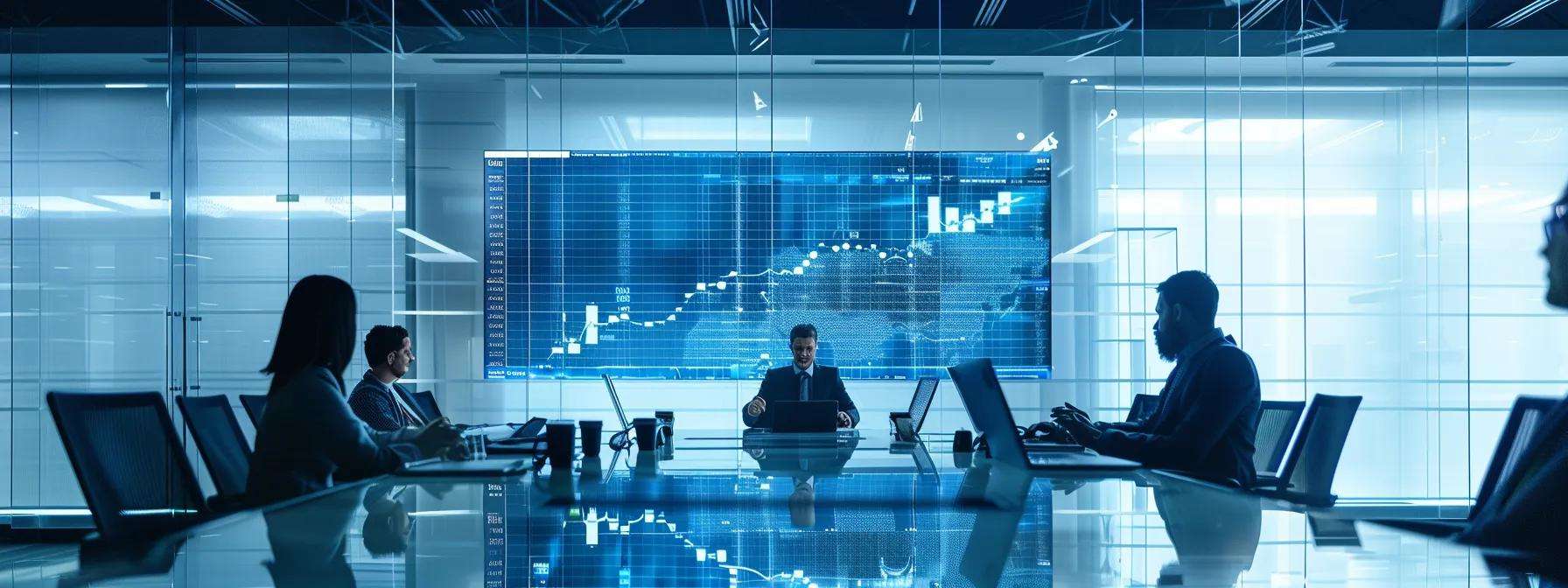 Modern office meeting with professionals discussing telemarketing strategies, digital graphs displaying data trends on a large screen, emphasizing sales growth and operational efficiency.