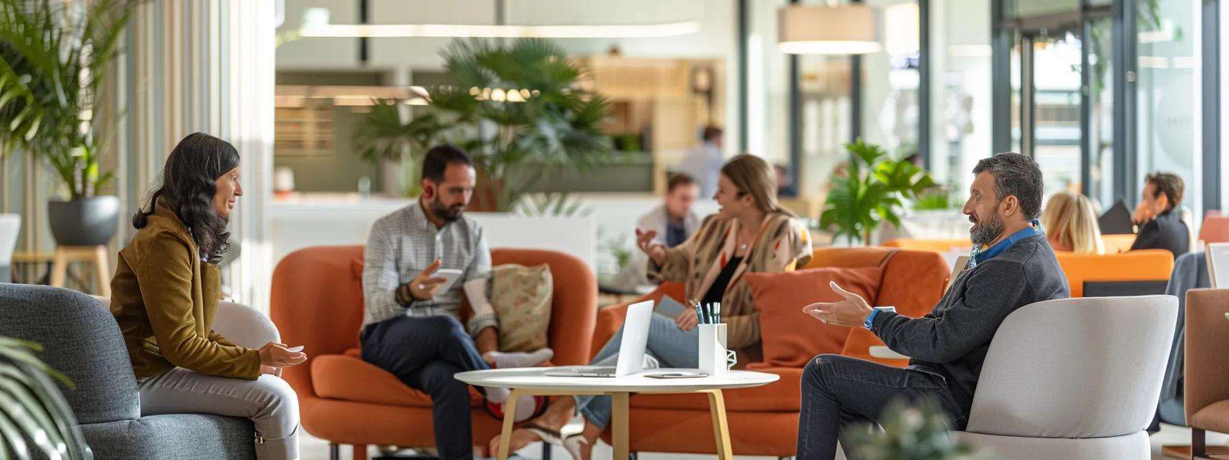 Modern office space with professionals engaged in conversation, discussing customer service outsourcing strategies and collaboration in a relaxed setting.