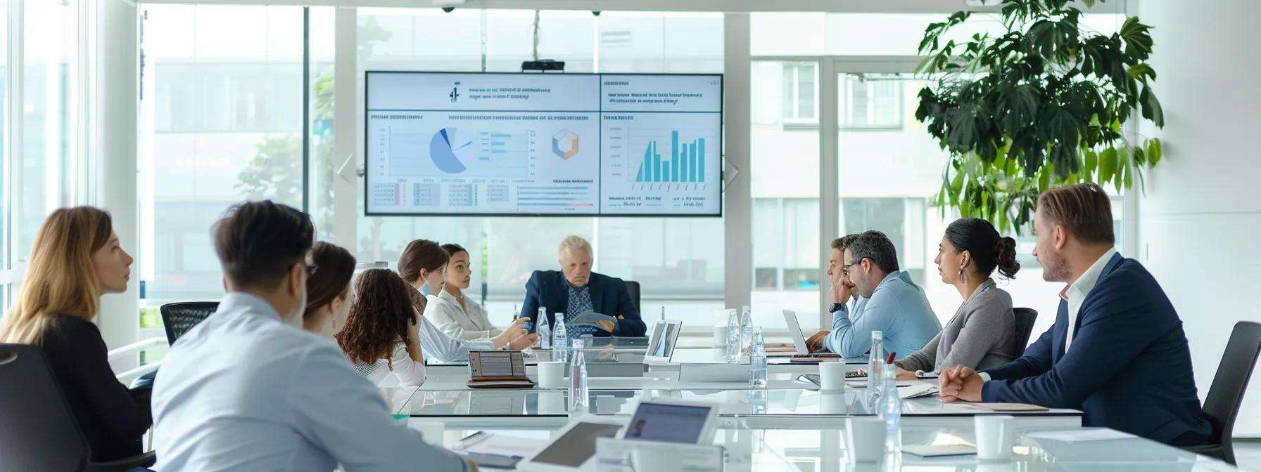 Modern office meeting with diverse professionals discussing business strategies, featuring charts and graphs on a screen, emphasizing collaboration and strategic partnerships for growth.