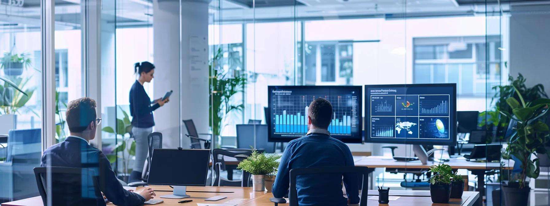 Modern office environment with professionals analyzing data on multiple screens, emphasizing customer service outsourcing and operational efficiency.