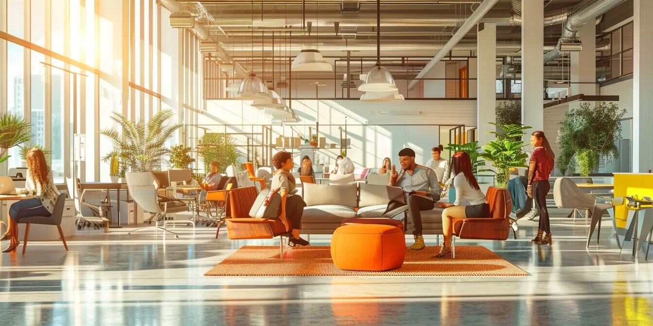 a modern, sleek office space filled with diverse professionals engaged in dynamic discussions and collaborative problem-solving, embodying the essence of exceptional customer support and teamwork with vibrant visuals and technology in use.