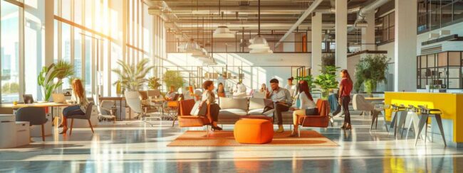 a modern, sleek office space filled with diverse professionals engaged in dynamic discussions and collaborative problem-solving, embodying the essence of exceptional customer support and teamwork with vibrant visuals and technology in use.