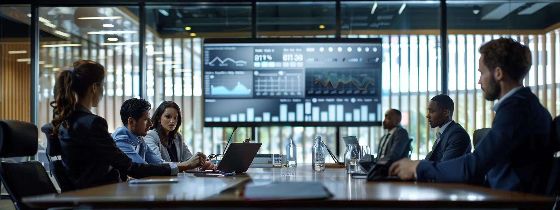Business meeting in a polished conference room with professionals discussing financial data displayed on a large screen, emphasizing analytics and strategic decision-making.