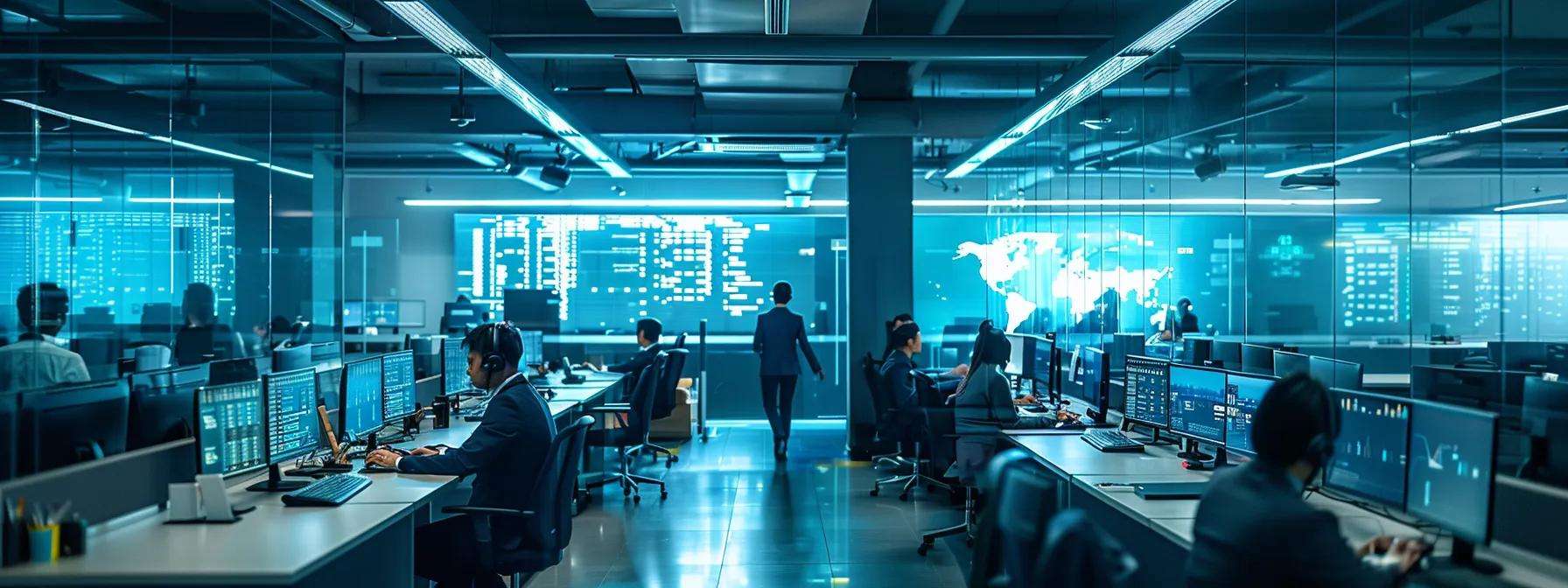 Modern call center environment with agents using advanced technology, including multiple screens displaying analytics and data, emphasizing efficiency and scalability in customer service operations.