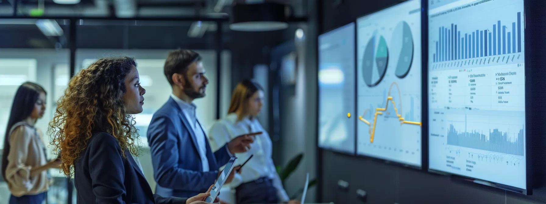 Team analyzing real-time analytics on multiple screens in a modern office, focusing on lead nurturing metrics and performance data for effective marketing automation.