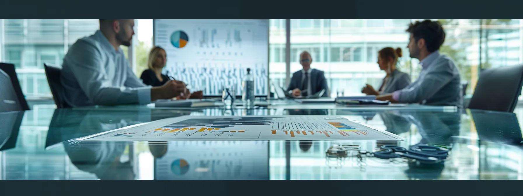 Modern office meeting with professionals discussing market analysis, data-driven insights, and business development strategies, featuring charts and graphs on a conference table.