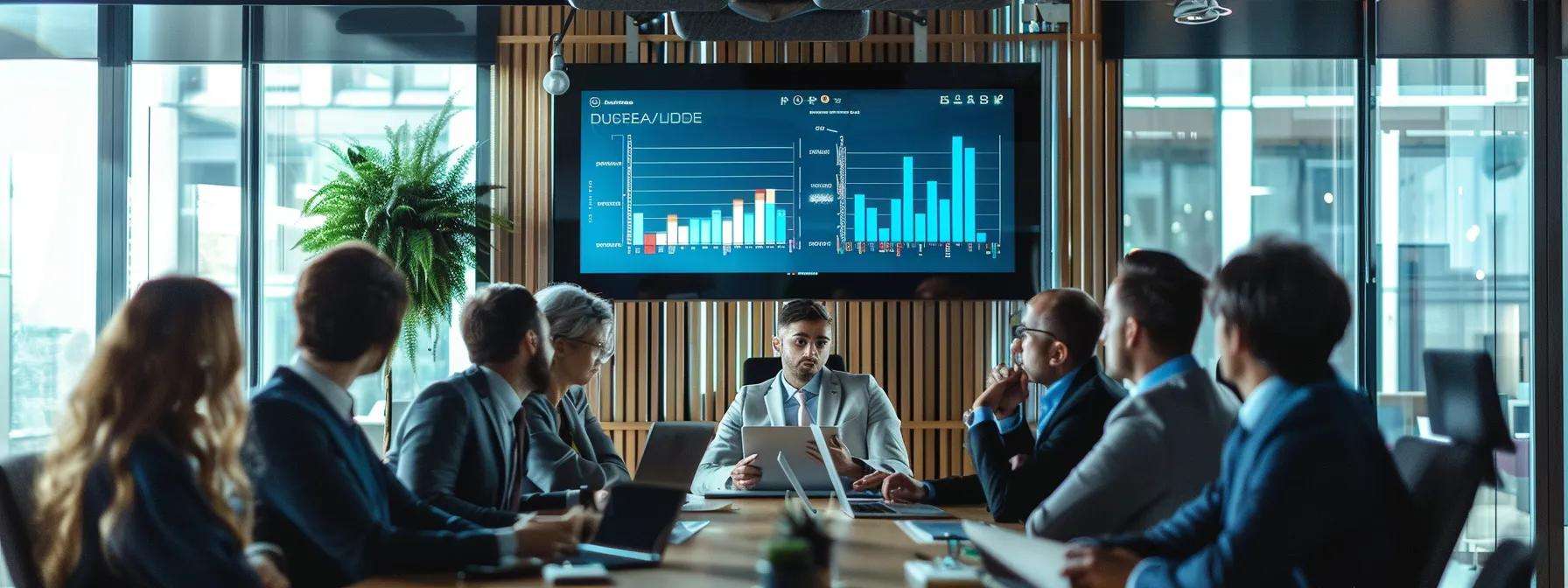 Modern office meeting with diverse professionals discussing data analytics, digital display showing bar graphs, emphasizing AI-driven customer service solutions and outsourcing strategies.