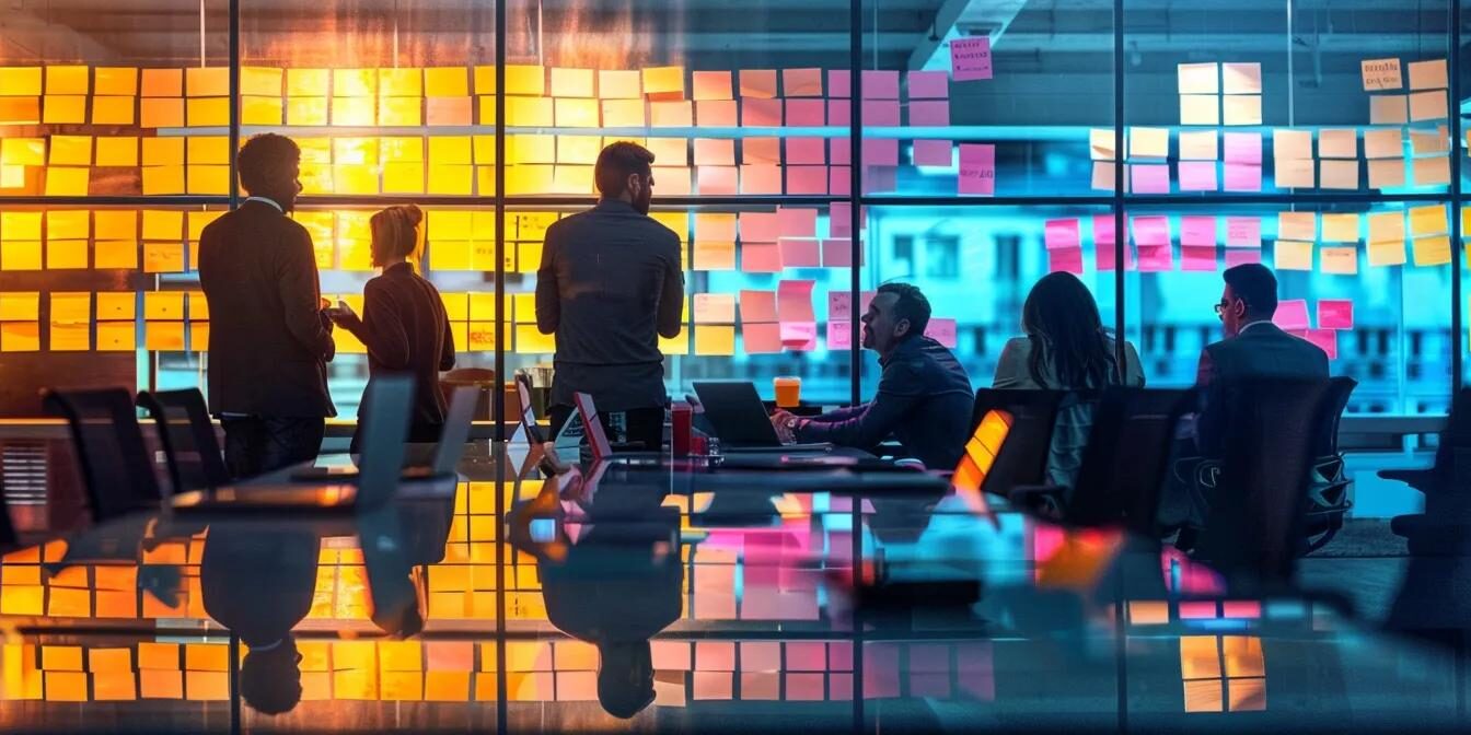 a sleek, modern office space features a glass conference table surrounded by thoughtful professionals engaged in a dynamic brainstorming session, with vibrant post-it notes and digital screens highlighting innovative ideas for business development.