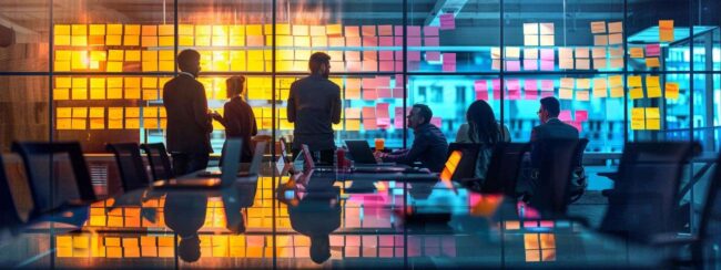 a sleek, modern office space features a glass conference table surrounded by thoughtful professionals engaged in a dynamic brainstorming session, with vibrant post-it notes and digital screens highlighting innovative ideas for business development.