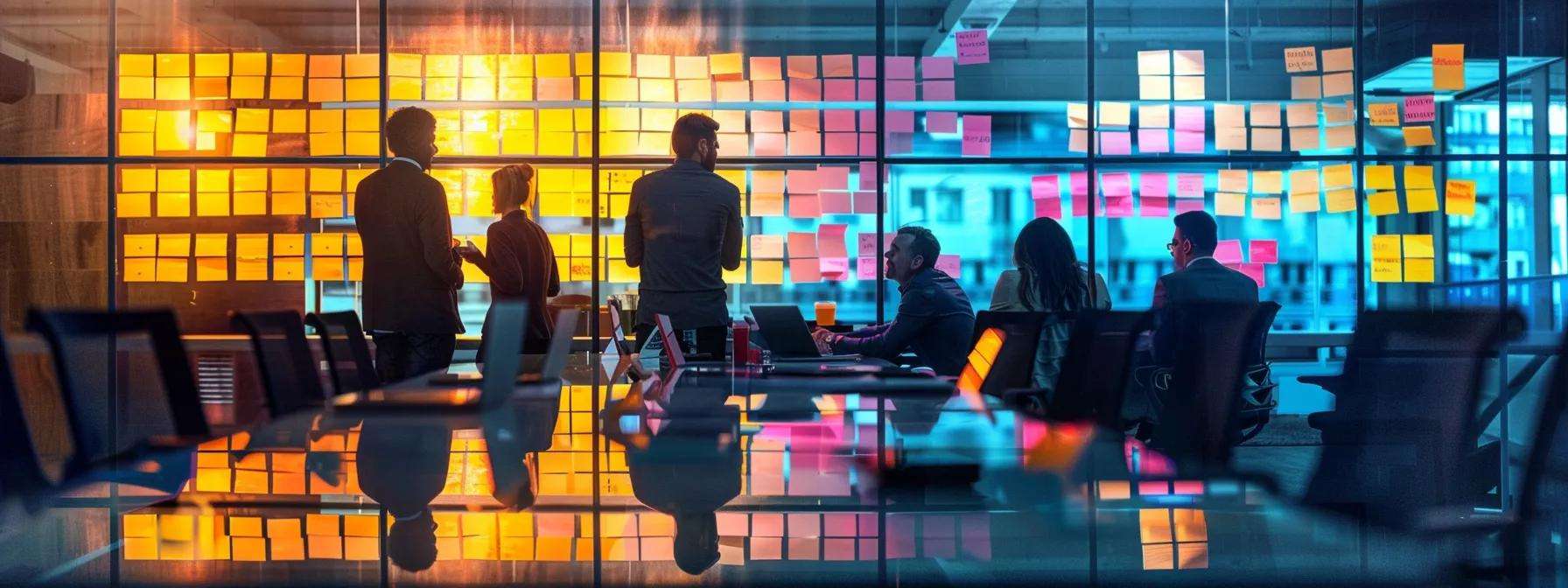 a sleek, modern office space features a glass conference table surrounded by thoughtful professionals engaged in a dynamic brainstorming session, with vibrant post-it notes and digital screens highlighting innovative ideas for business development.