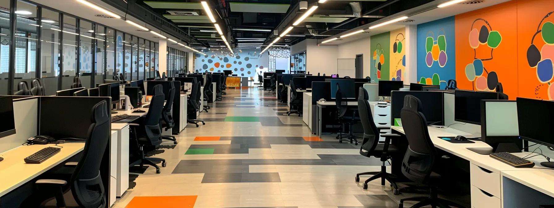 Modern contact center workspace with multiple empty desks, computers, and colorful wall art, illustrating a focus on enhancing sales performance and customer experience at Dazonn Assist.