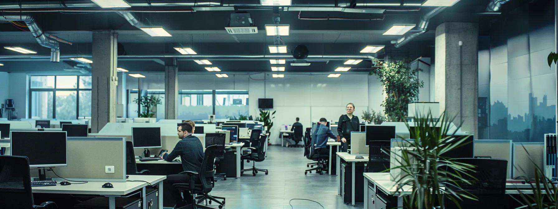 Modern contact center office with agents working at desks, showcasing technology integration and a collaborative environment for enhancing sales performance.